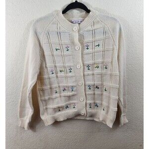 Pit A Pat Womens M Cream Knit Embroidered Floral Long Sleeve Button Up Cardigan